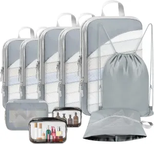 10 Set Compression Packing Cubes, Lightweight Travel Essentials, Stretchable Expandable Storage Bags, Compression Bags for Travel Accessories Luggage Storage Set (10 Pcs, Grey)