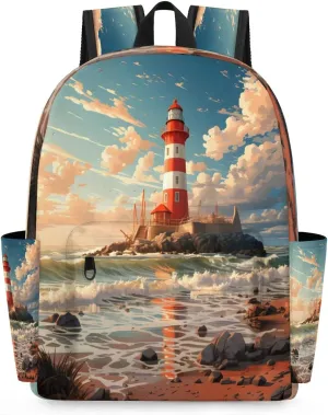 15.1 Inch Casual Backpack Beach Lighthouse Small Backpack with Multiple Pocket Waterproof Mini Bags Daypack with Chest Strap Lighthouse Travel Bag