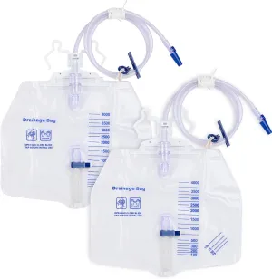2 Pack Urinary Drainage Bag with Anti-Reflux Chamber, 4000ml Large Capacity, 48" Drainage Tube, Professional Urine Bags with Clips and Hanging Hook, Catheter Bags for Men