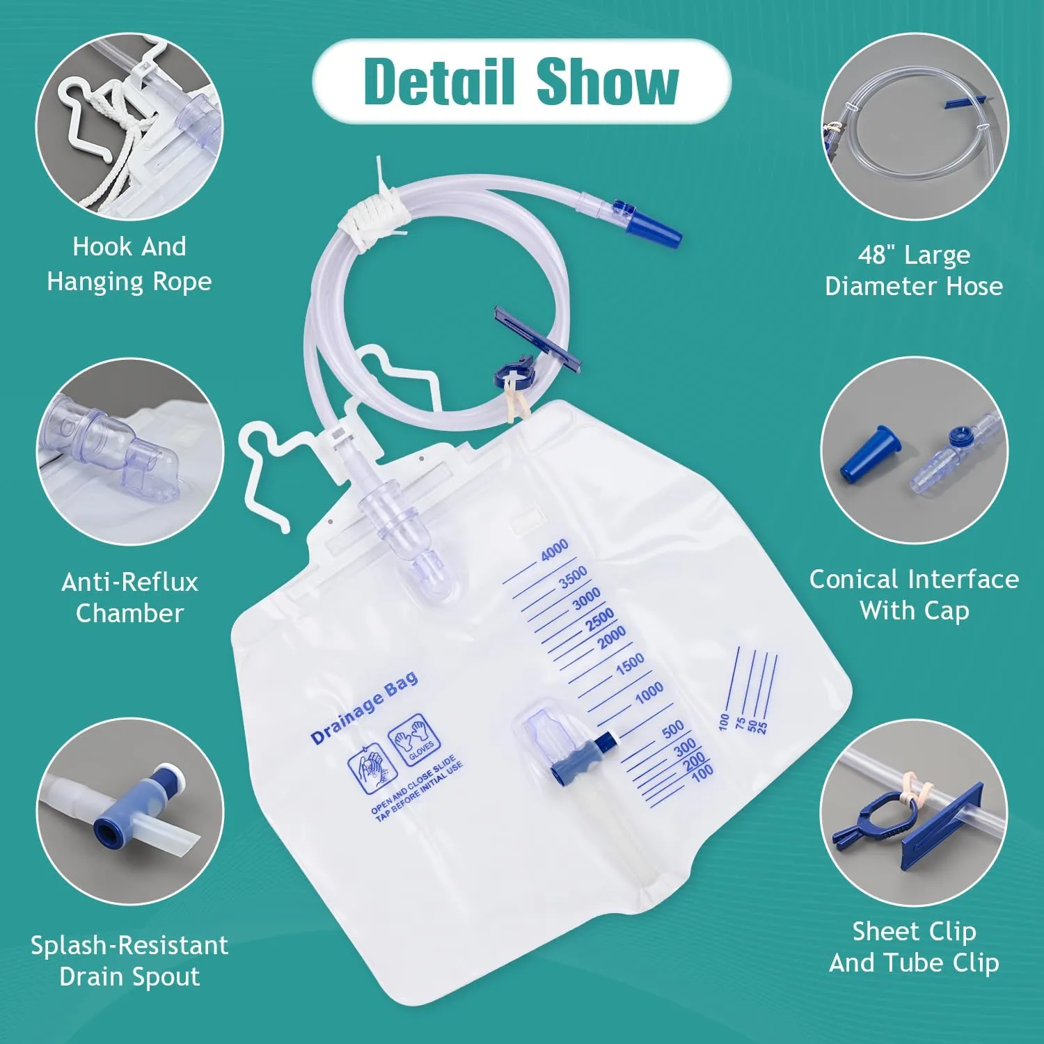 2 Pack Urinary Drainage Bag with Anti-Reflux Chamber, 4000ml Large Capacity, 48" Drainage Tube, Professional Urine Bags with Clips and Hanging Hook, Catheter Bags for Men