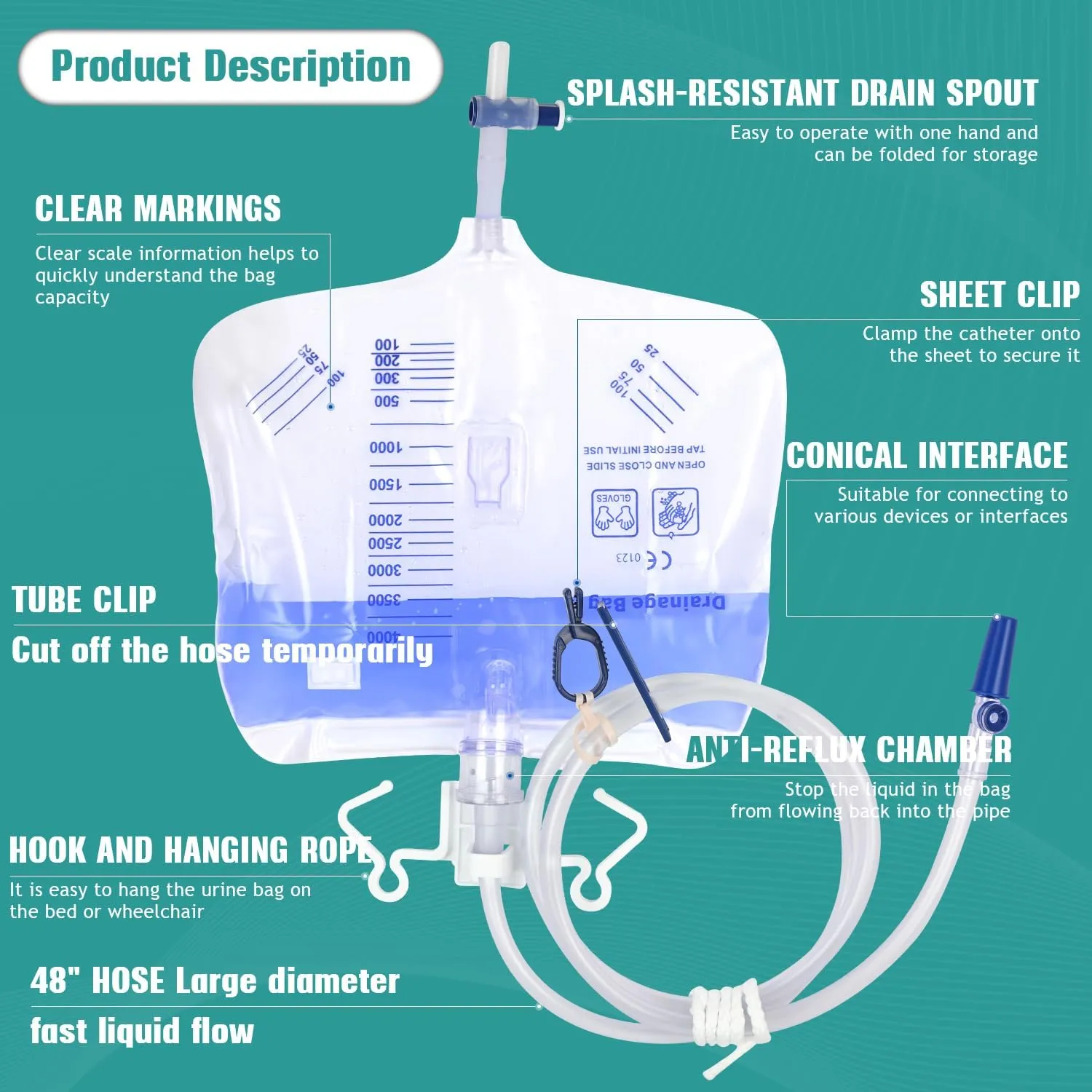 2 Pack Urinary Drainage Bag with Anti-Reflux Chamber, 4000ml Large Capacity, 48" Drainage Tube, Professional Urine Bags with Clips and Hanging Hook, Catheter Bags for Men
