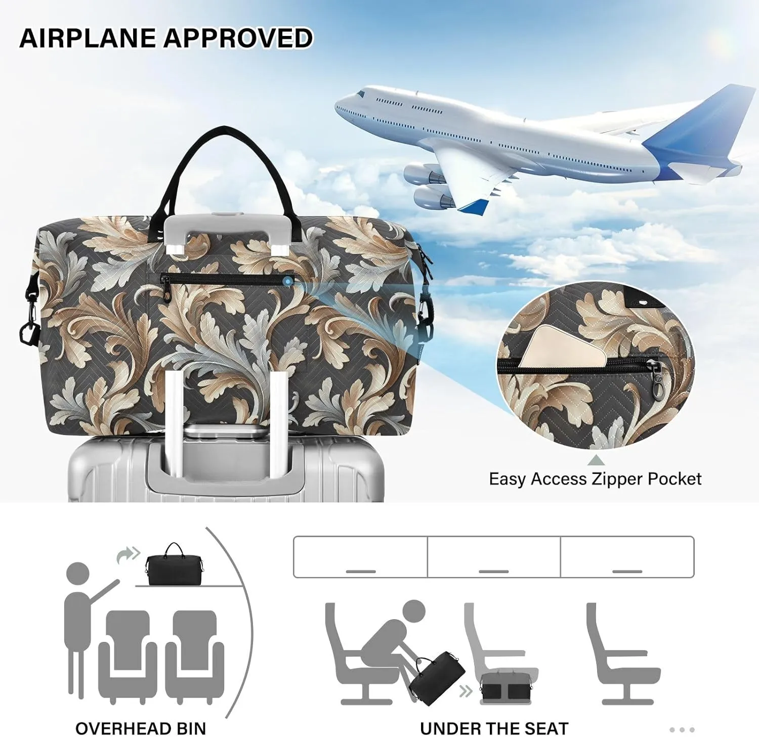 2-Piece Travel Organizer Set - Wave Quilted Expandable Duffel Bag with Detachable Toiletry Pouch, TSA-Compliant Carry-On for Gym/Camping/Airplane, Acanthus Leaf (8)