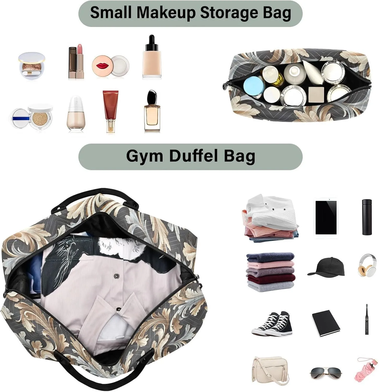 2-Piece Travel Organizer Set - Wave Quilted Expandable Duffel Bag with Detachable Toiletry Pouch, TSA-Compliant Carry-On for Gym/Camping/Airplane, Acanthus Leaf (8)