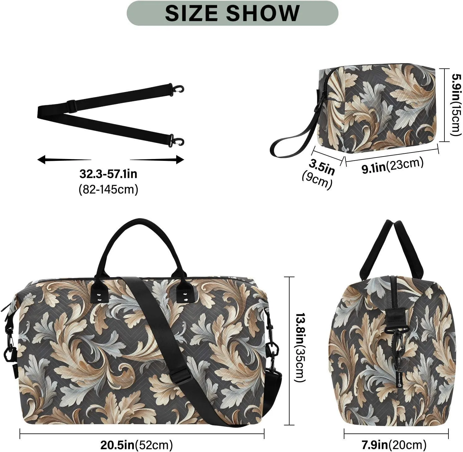2-Piece Travel Organizer Set - Wave Quilted Expandable Duffel Bag with Detachable Toiletry Pouch, TSA-Compliant Carry-On for Gym/Camping/Airplane, Acanthus Leaf (8)