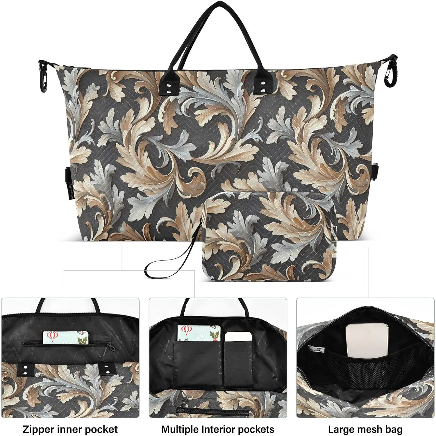 2-Piece Travel Organizer Set - Wave Quilted Expandable Duffel Bag with Detachable Toiletry Pouch, TSA-Compliant Carry-On for Gym/Camping/Airplane, Acanthus Leaf (8)