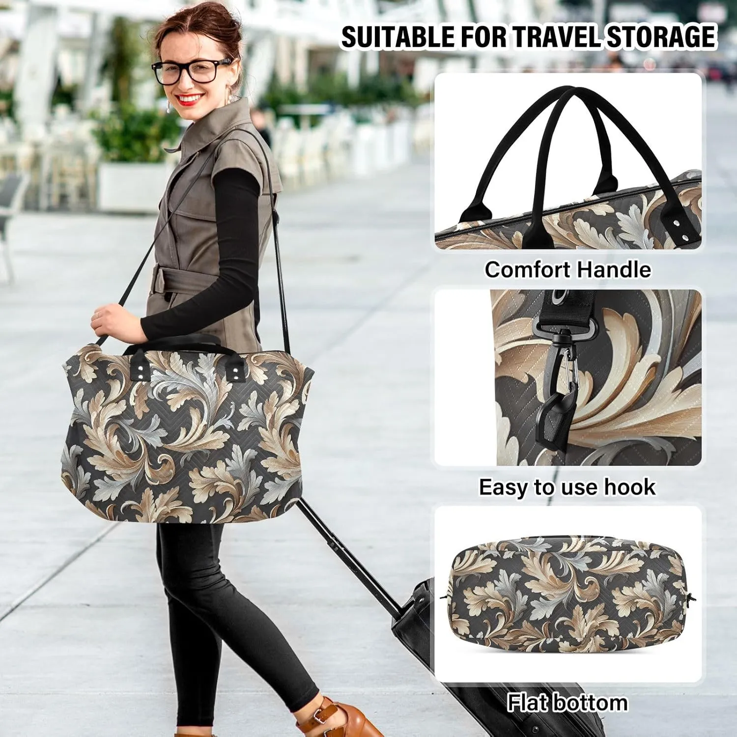 2-Piece Travel Organizer Set - Wave Quilted Expandable Duffel Bag with Detachable Toiletry Pouch, TSA-Compliant Carry-On for Gym/Camping/Airplane, Acanthus Leaf (8)