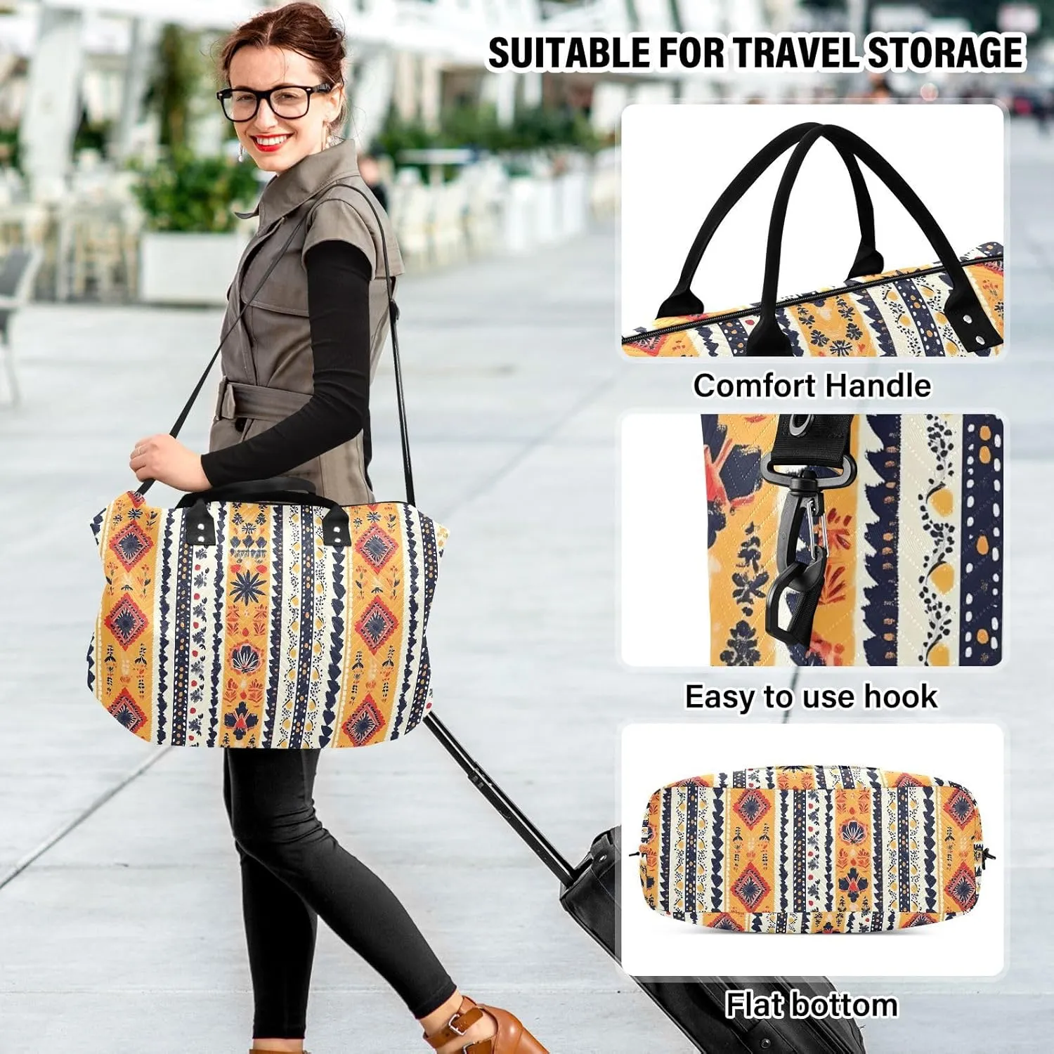 2-Piece Travel Organizer Set - Wave Quilted Expandable Duffel Bag with Detachable Toiletry Pouch, TSA-Compliant Carry-On for Gym/Camping/Airplane, Bohemian Pattern (9)