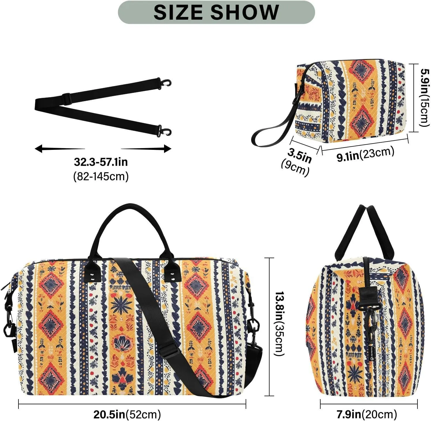 2-Piece Travel Organizer Set - Wave Quilted Expandable Duffel Bag with Detachable Toiletry Pouch, TSA-Compliant Carry-On for Gym/Camping/Airplane, Bohemian Pattern (9)