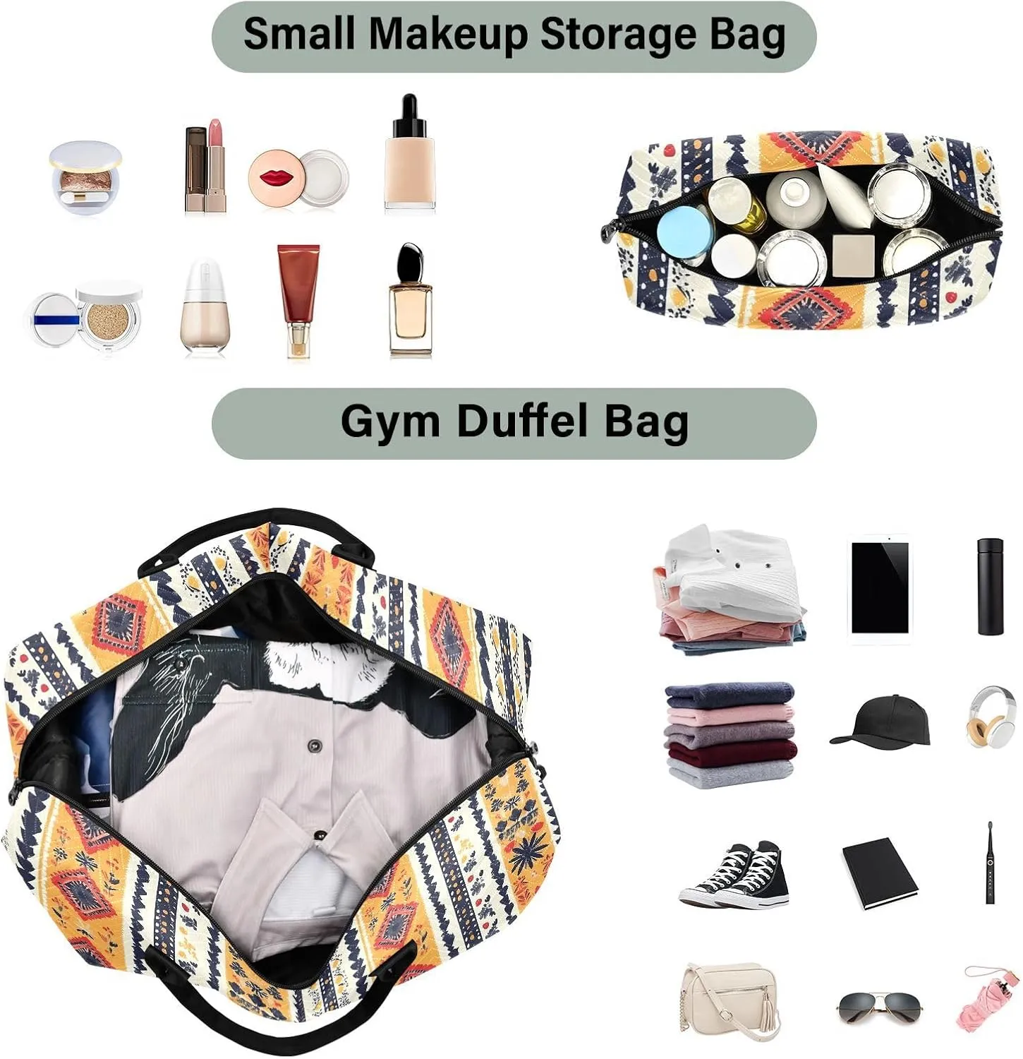 2-Piece Travel Organizer Set - Wave Quilted Expandable Duffel Bag with Detachable Toiletry Pouch, TSA-Compliant Carry-On for Gym/Camping/Airplane, Bohemian Pattern (9)