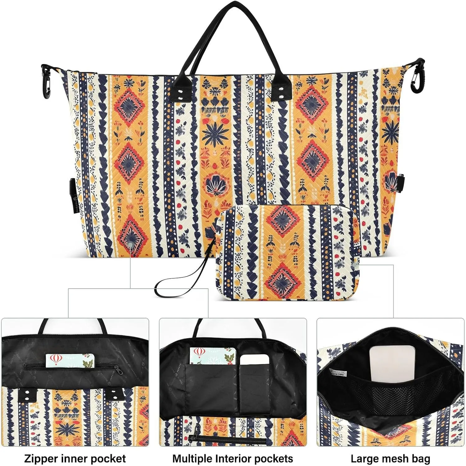 2-Piece Travel Organizer Set - Wave Quilted Expandable Duffel Bag with Detachable Toiletry Pouch, TSA-Compliant Carry-On for Gym/Camping/Airplane, Bohemian Pattern (9)