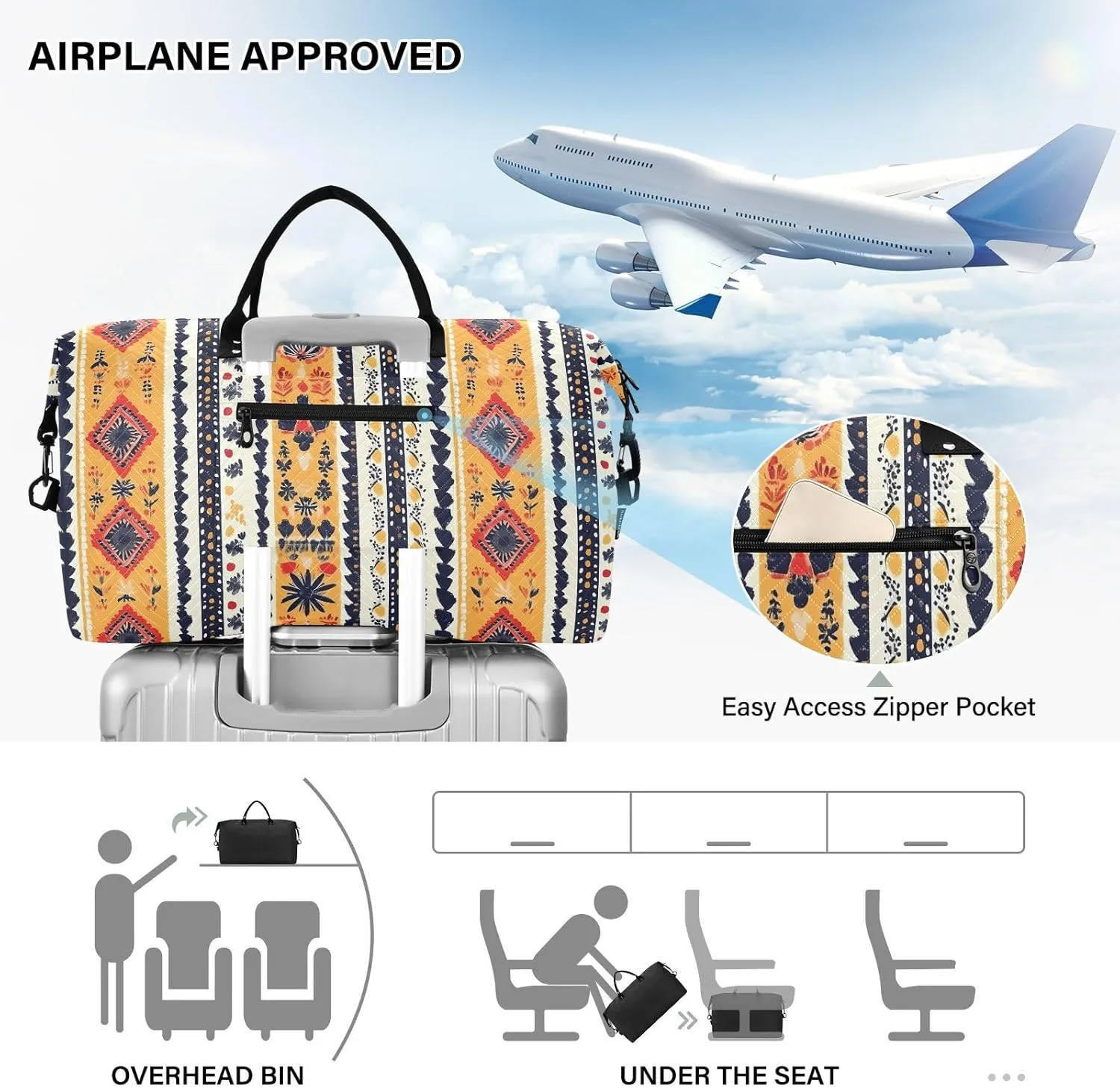 2-Piece Travel Organizer Set - Wave Quilted Expandable Duffel Bag with Detachable Toiletry Pouch, TSA-Compliant Carry-On for Gym/Camping/Airplane, Bohemian Pattern (9)