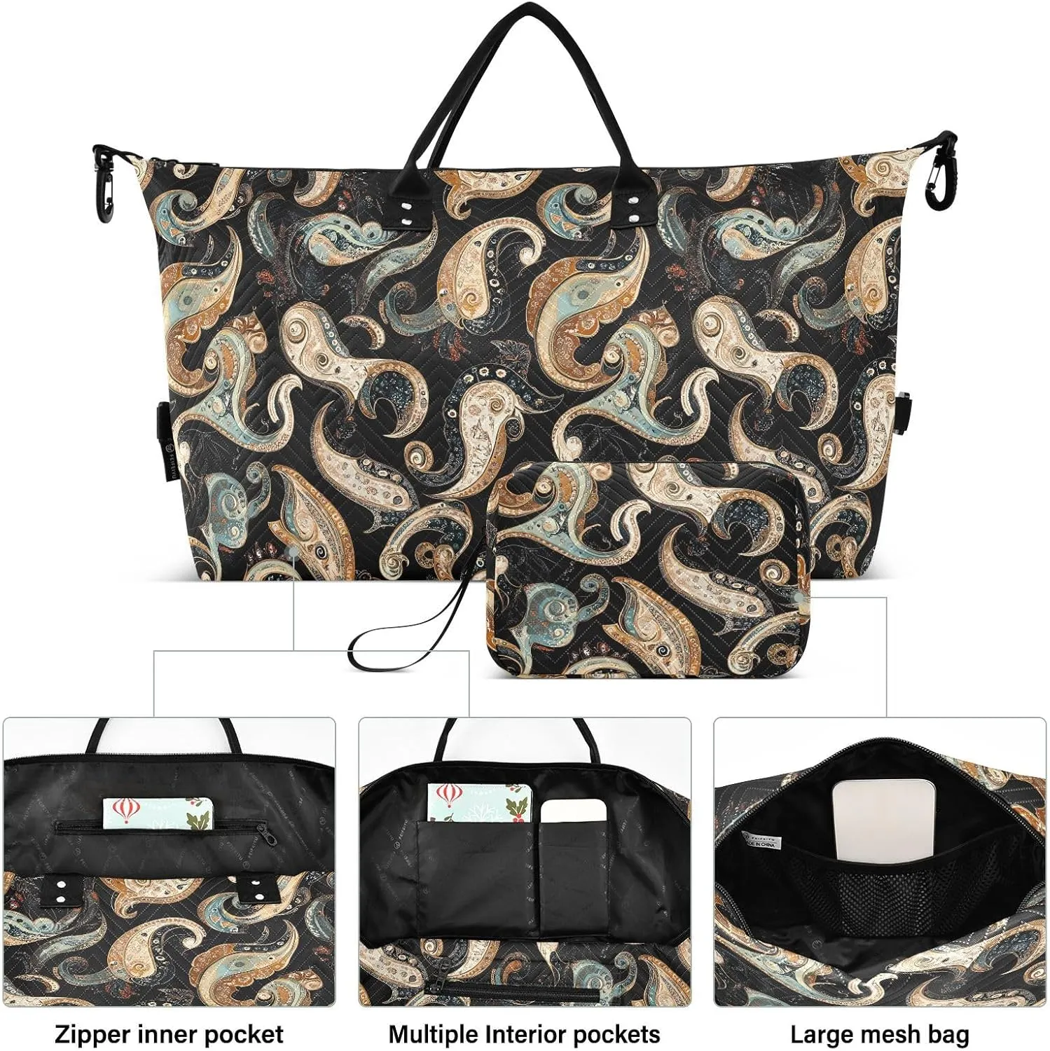 2-Piece Travel Organizer Set - Wave Quilted Expandable Duffel Bag with Detachable Toiletry Pouch, TSA-Compliant Carry-On for Gym/Camping/Airplane, Paisley Pattern (28)