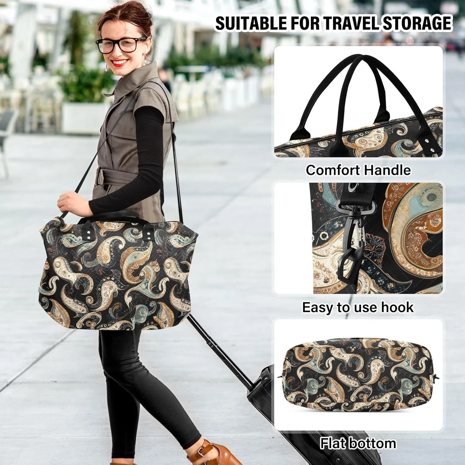 2-Piece Travel Organizer Set - Wave Quilted Expandable Duffel Bag with Detachable Toiletry Pouch, TSA-Compliant Carry-On for Gym/Camping/Airplane, Paisley Pattern (28)
