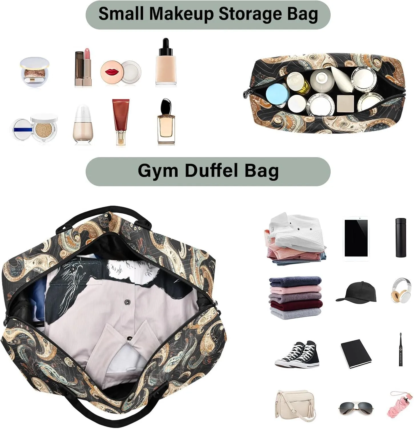 2-Piece Travel Organizer Set - Wave Quilted Expandable Duffel Bag with Detachable Toiletry Pouch, TSA-Compliant Carry-On for Gym/Camping/Airplane, Paisley Pattern (28)