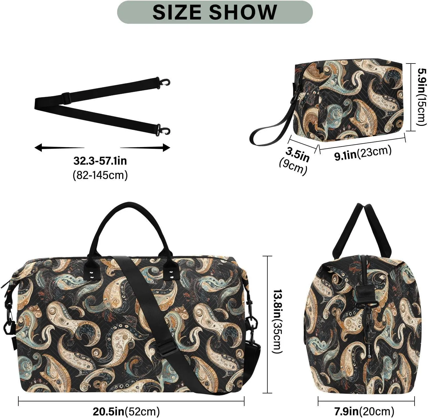 2-Piece Travel Organizer Set - Wave Quilted Expandable Duffel Bag with Detachable Toiletry Pouch, TSA-Compliant Carry-On for Gym/Camping/Airplane, Paisley Pattern (28)