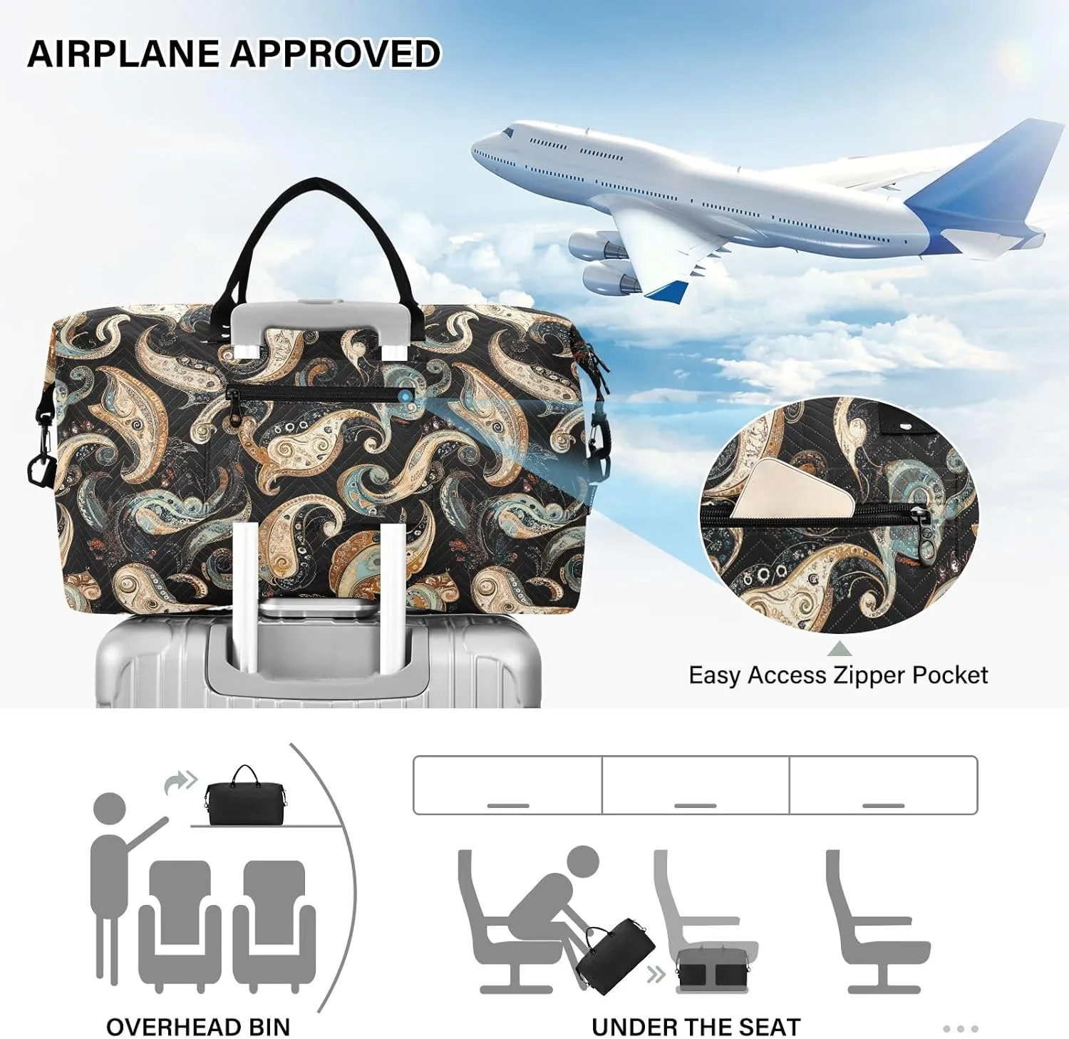 2-Piece Travel Organizer Set - Wave Quilted Expandable Duffel Bag with Detachable Toiletry Pouch, TSA-Compliant Carry-On for Gym/Camping/Airplane, Paisley Pattern (28)