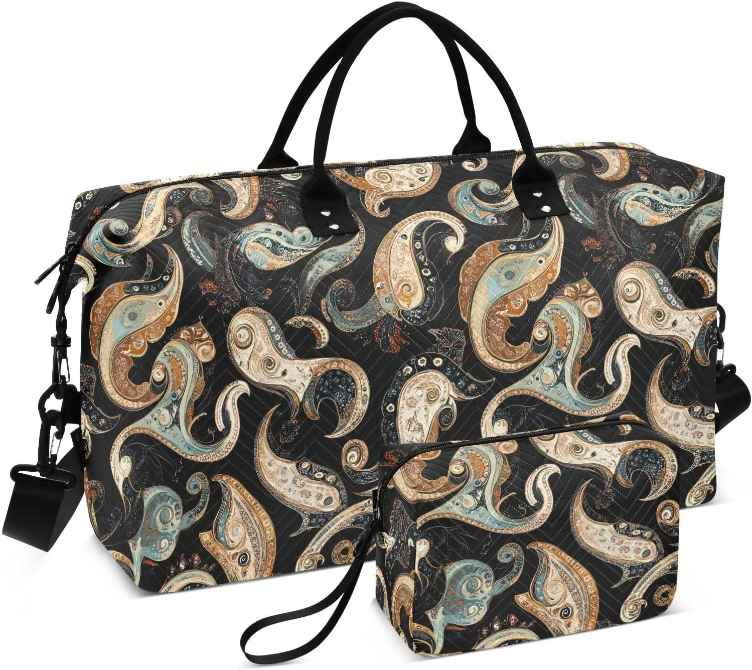 2-Piece Travel Organizer Set - Wave Quilted Expandable Duffel Bag with Detachable Toiletry Pouch, TSA-Compliant Carry-On for Gym/Camping/Airplane, Paisley Pattern (28)