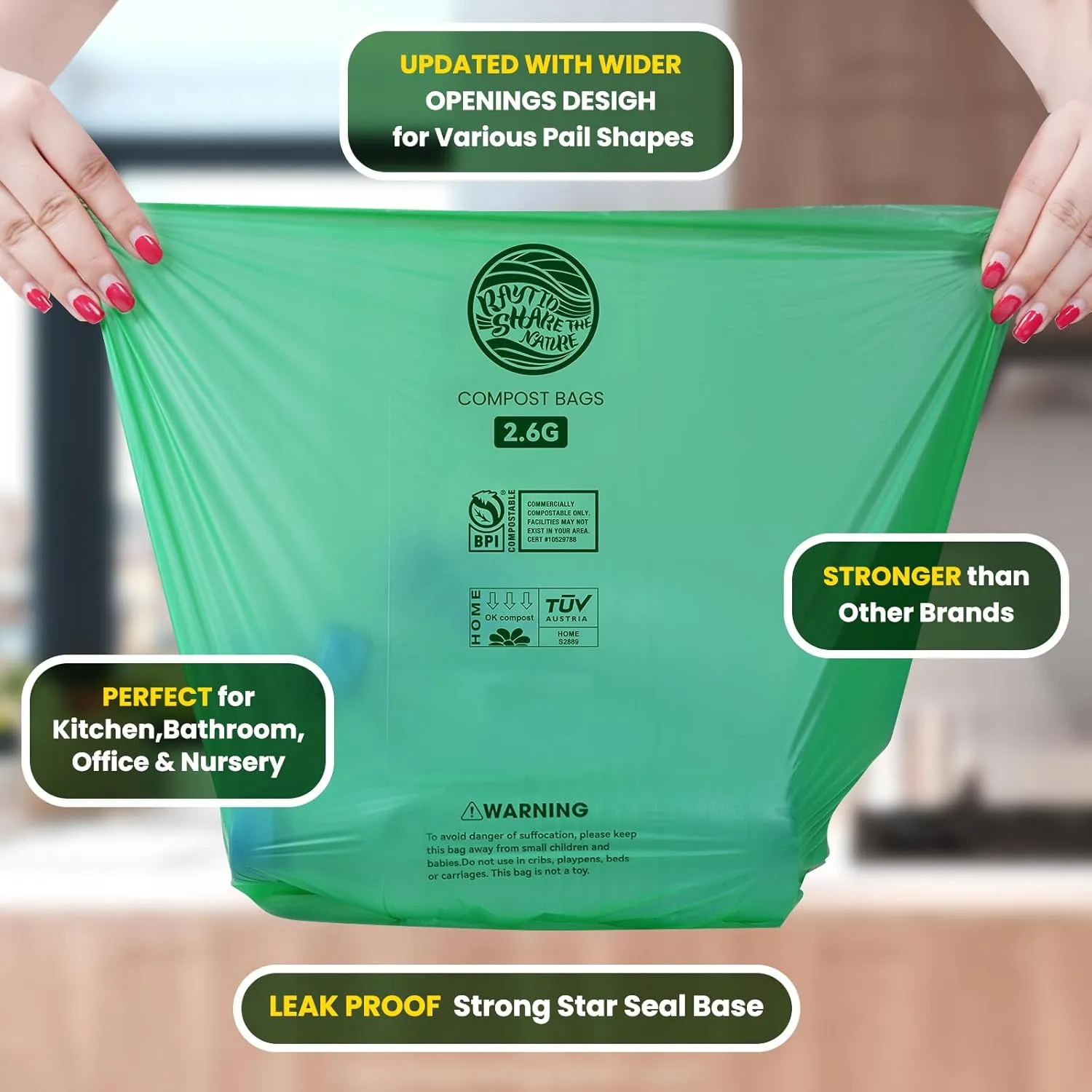 2.6 Gallon Compostable Trash Bags,240 Count Compost Trash Bags for Bedroom Kitchen Office Fit 10 Liter，Small Kitchen Food Scrap Waste Bags,ASTM D6400, US BPI & Europe OK Compost Home Certified