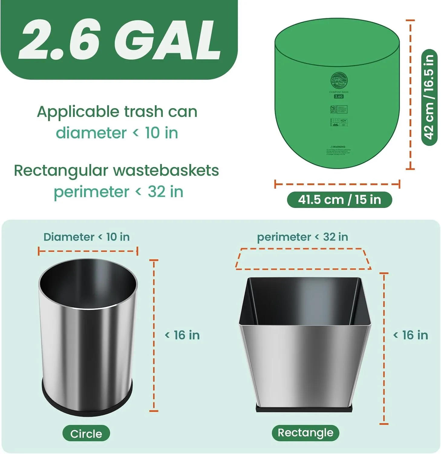 2.6 Gallon Compostable Trash Bags,240 Count Compost Trash Bags for Bedroom Kitchen Office Fit 10 Liter，Small Kitchen Food Scrap Waste Bags,ASTM D6400, US BPI & Europe OK Compost Home Certified