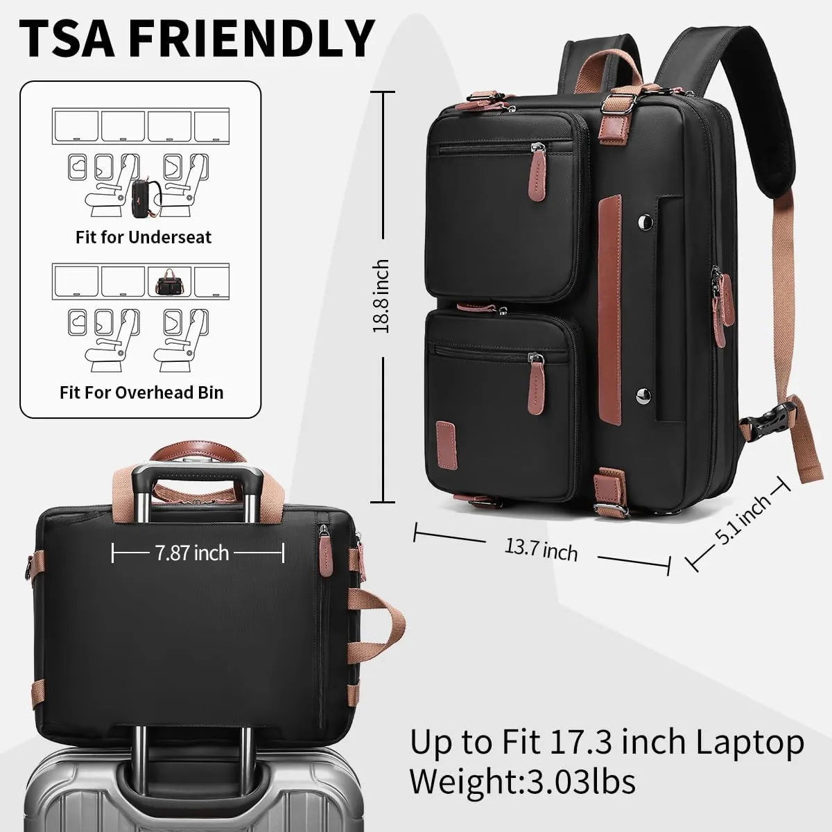 3 in 1 Computer Bag for Men, 17.3 Inch Laptop Backpack, Work Bag for Men, Laptop Bag,Black