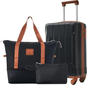 3 Piece Luggage Set 20''Hardshell Luggage with 2 Travel Bags, Lightweight Carry on Suitcase with Wheels and TSA Lock, Checked Luggages for Men Women, Black Brown