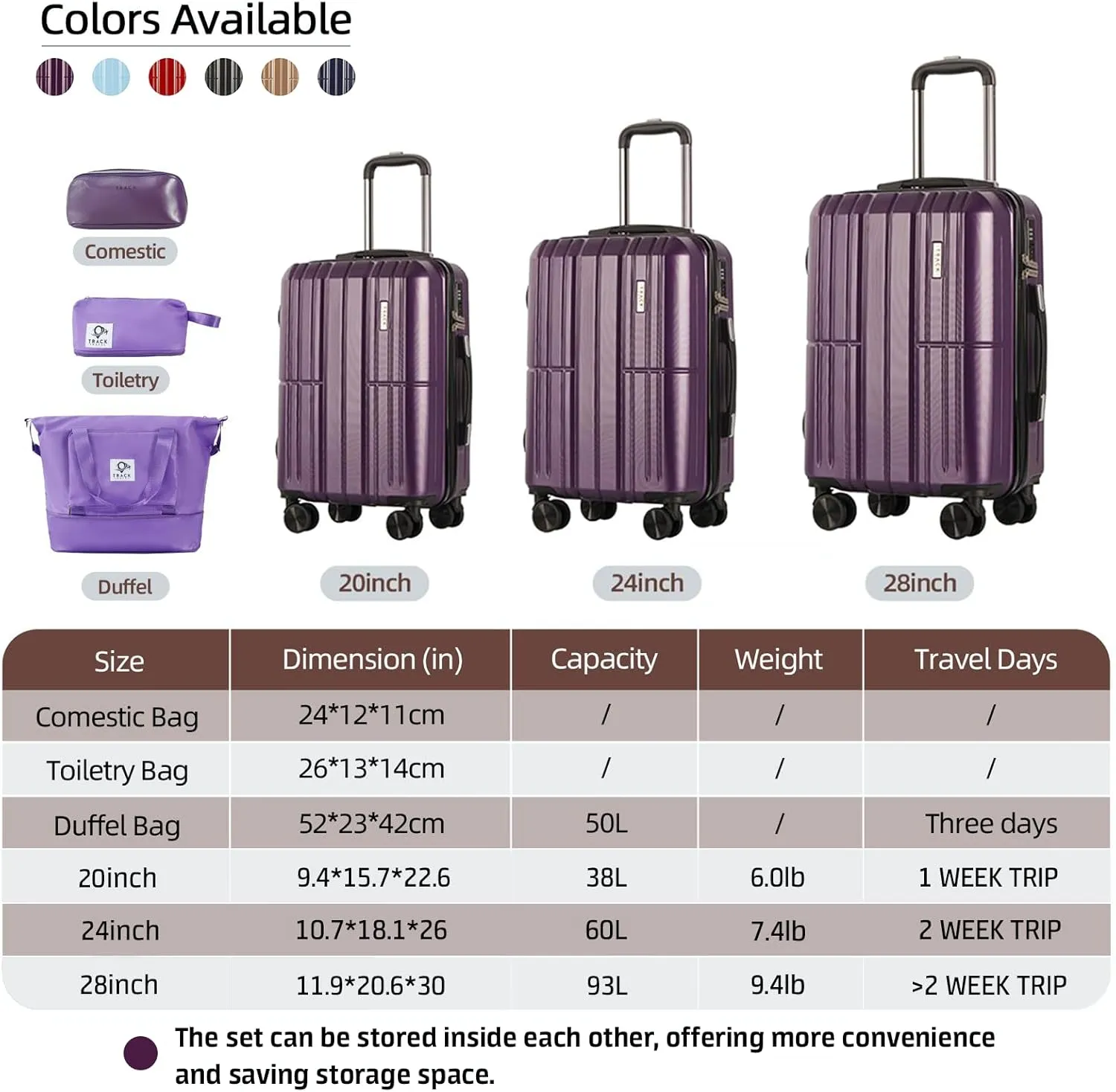 3 Piece Luggage Set ABS PC Expandable Hardshell TSA Lock Aluminum Trolley Spinner Wheels (Purple, 6 Piece Set)