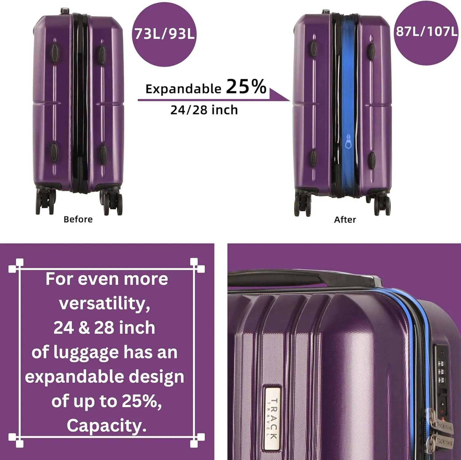 3 Piece Luggage Set ABS PC Expandable Hardshell TSA Lock Aluminum Trolley Spinner Wheels (Purple, 6 Piece Set)
