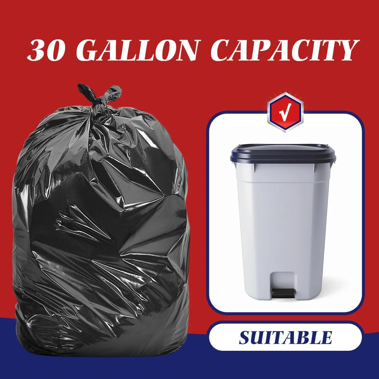 30-33 Gallon 100 Counts Large Trash Bags w/Ties Heavy Duty Garbage Bags, Large Trash Can Liners for Home, Kitchen, Office, Light Residential or Commercial Waste, Outdoor Lawn and Leaf Bags, Black