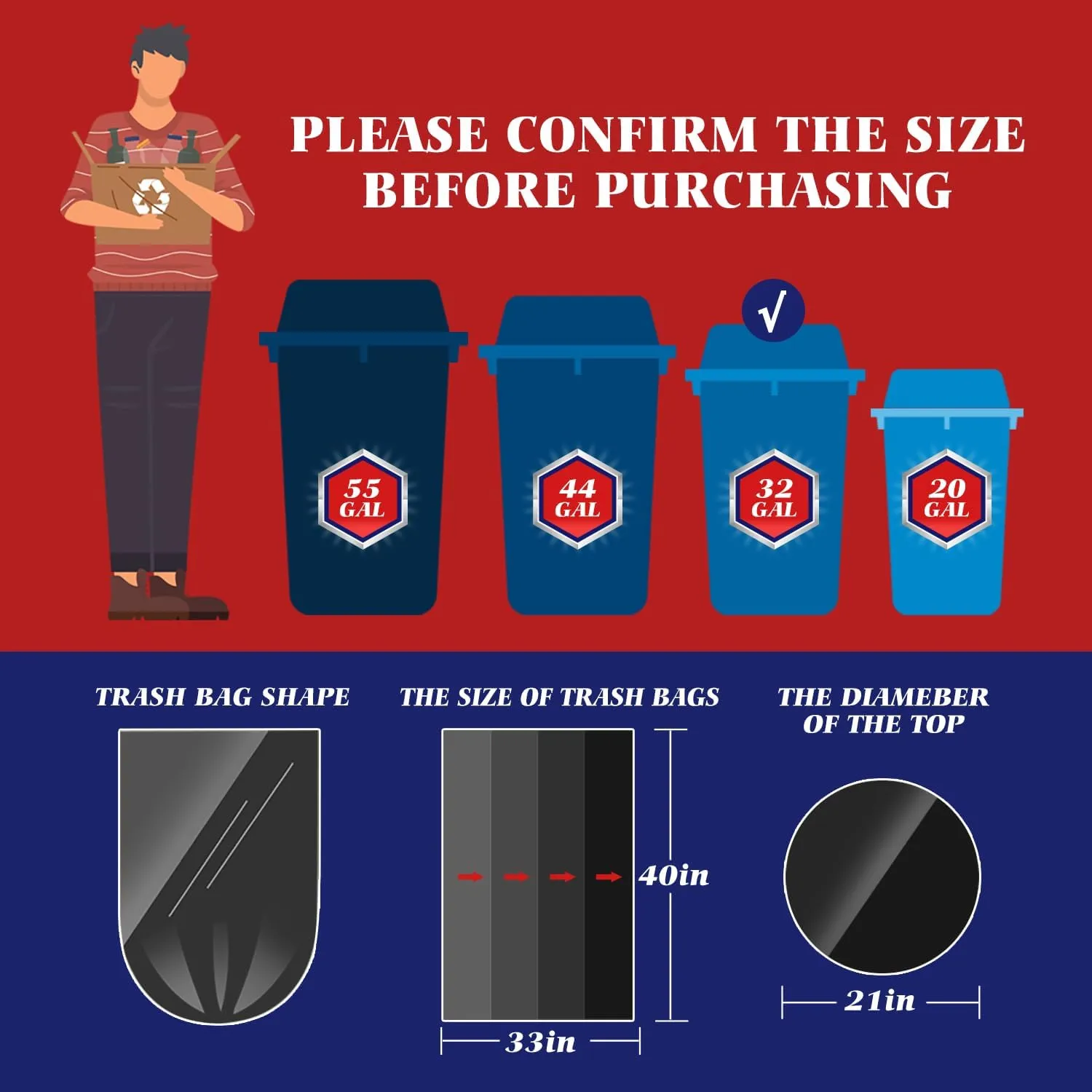 30-33 Gallon 100 Counts Large Trash Bags w/Ties Heavy Duty Garbage Bags, Large Trash Can Liners for Home, Kitchen, Office, Light Residential or Commercial Waste, Outdoor Lawn and Leaf Bags, Black