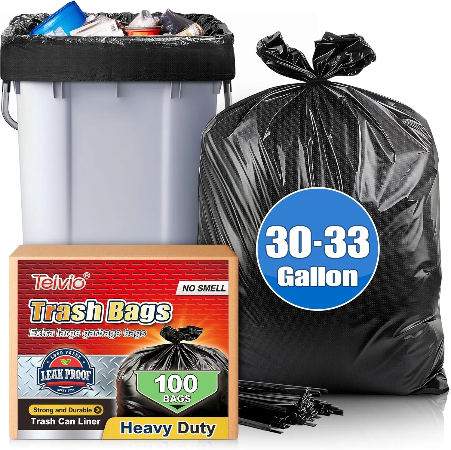 30-33 Gallon 100 Counts Large Trash Bags w/Ties Heavy Duty Garbage Bags, Large Trash Can Liners for Home, Kitchen, Office, Light Residential or Commercial Waste, Outdoor Lawn and Leaf Bags, Black