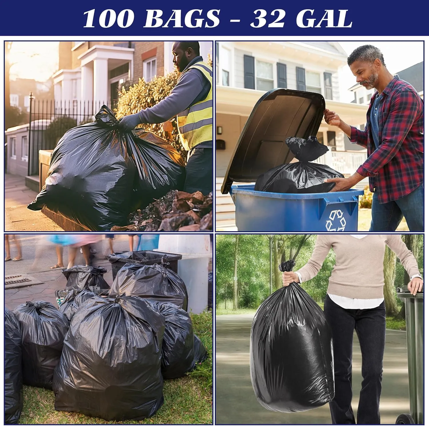 30-33 Gallon 100 Counts Large Trash Bags w/Ties Heavy Duty Garbage Bags, Large Trash Can Liners for Home, Kitchen, Office, Light Residential or Commercial Waste, Outdoor Lawn and Leaf Bags, Black