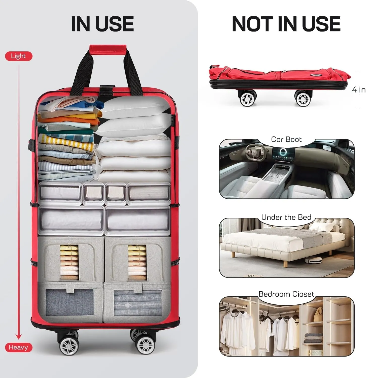 30 Inch Expandable Foldable Rolling Travel Bag with Detachable Wheels for Moving Storage Camping Collapsible Waterproof Wheeled Duffle Organizer(30in-red)
