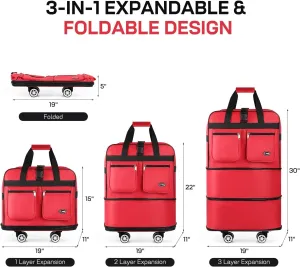 30 Inch Expandable Foldable Rolling Travel Bag with Detachable Wheels for Moving Storage Camping Collapsible Waterproof Wheeled Duffle Organizer(30in-red)