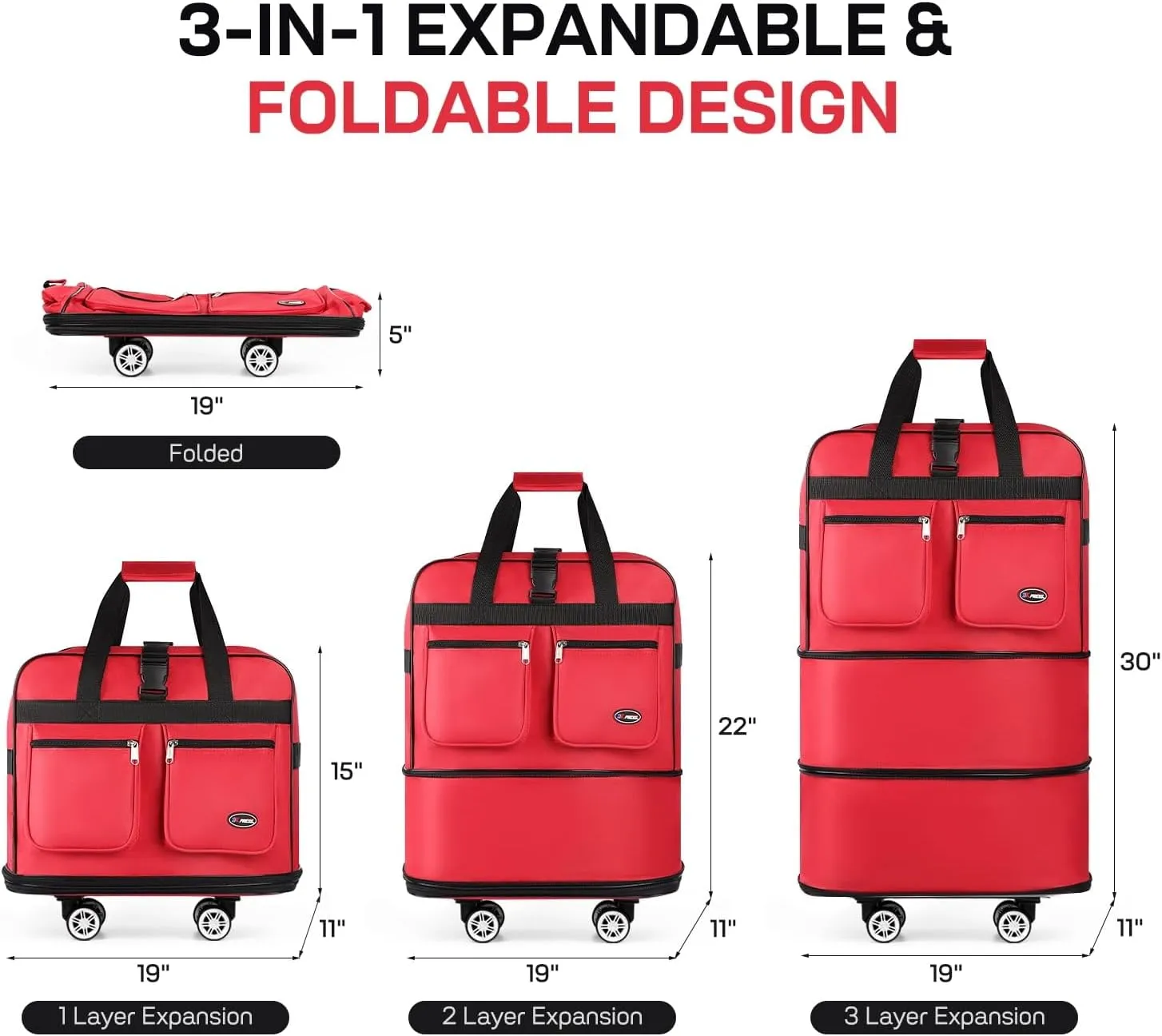 30 Inch Expandable Foldable Rolling Travel Bag with Detachable Wheels for Moving Storage Camping Collapsible Waterproof Wheeled Duffle Organizer(30in-red)