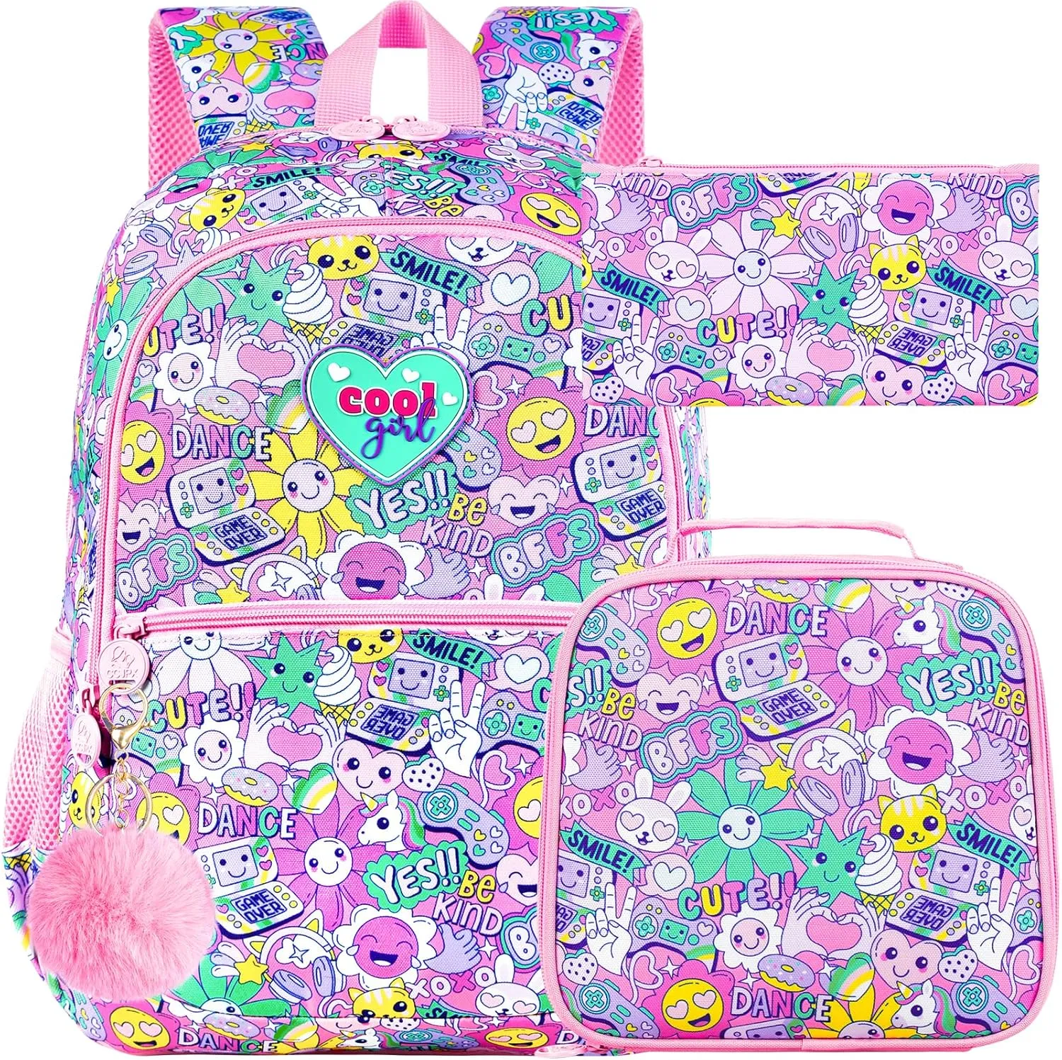 3Pcs Backpack for Girls, 16.5" Smile Face Backpacks Set for Elementary Preschool Kindergarten, Kids School Bookbag with Lunch Box(Emoji)