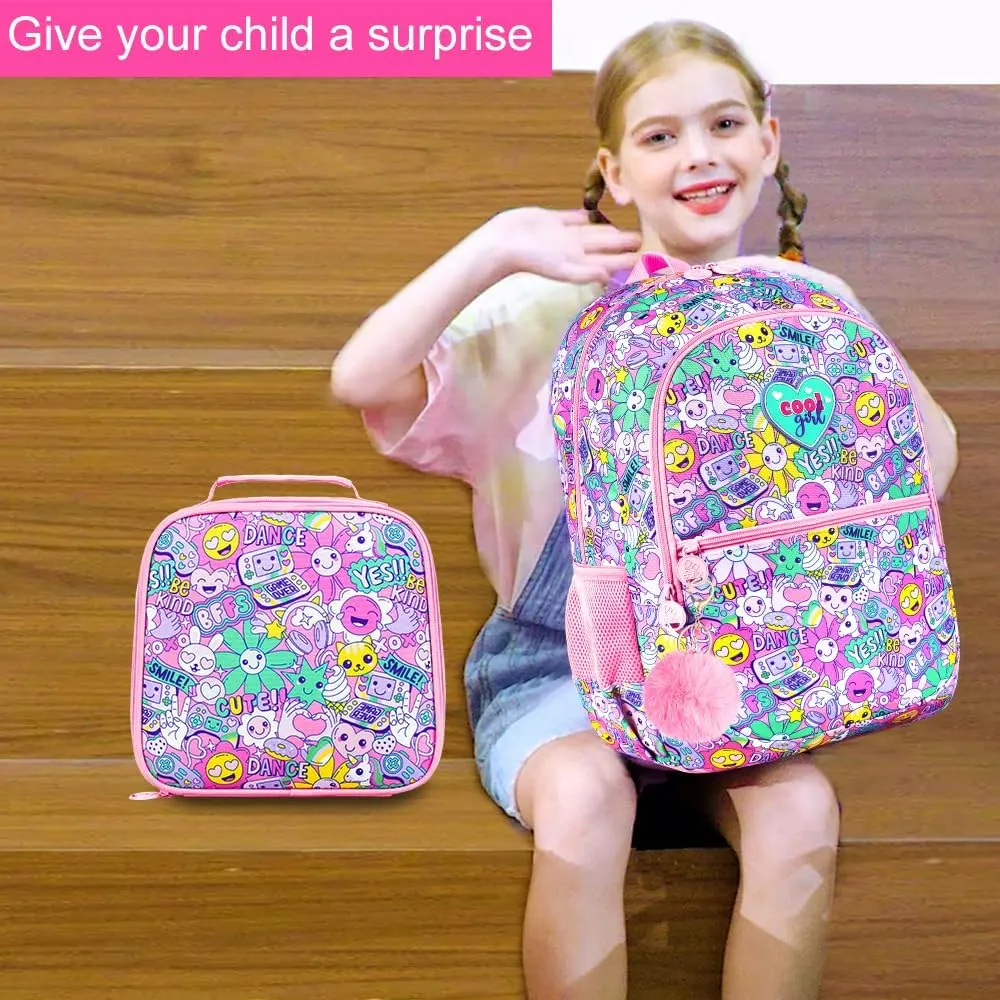 3Pcs Backpack for Girls, 16.5" Smile Face Backpacks Set for Elementary Preschool Kindergarten, Kids School Bookbag with Lunch Box(Emoji)