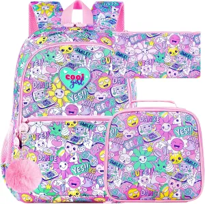 3Pcs Backpack for Girls, 16.5" Smile Face Backpacks Set for Elementary Preschool Kindergarten, Kids School Bookbag with Lunch Box(Emoji)