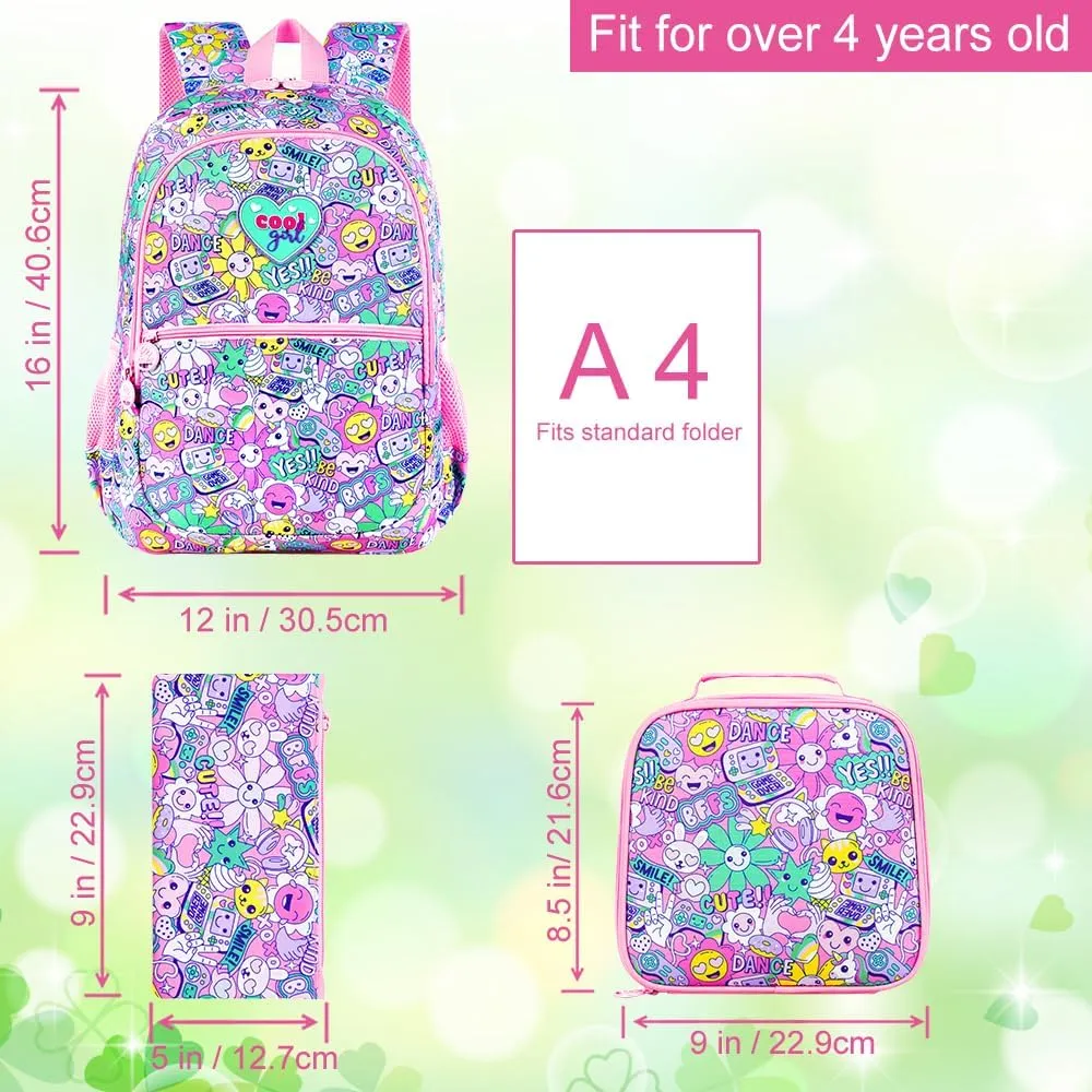 3Pcs Backpack for Girls, 16.5" Smile Face Backpacks Set for Elementary Preschool Kindergarten, Kids School Bookbag with Lunch Box(Emoji)
