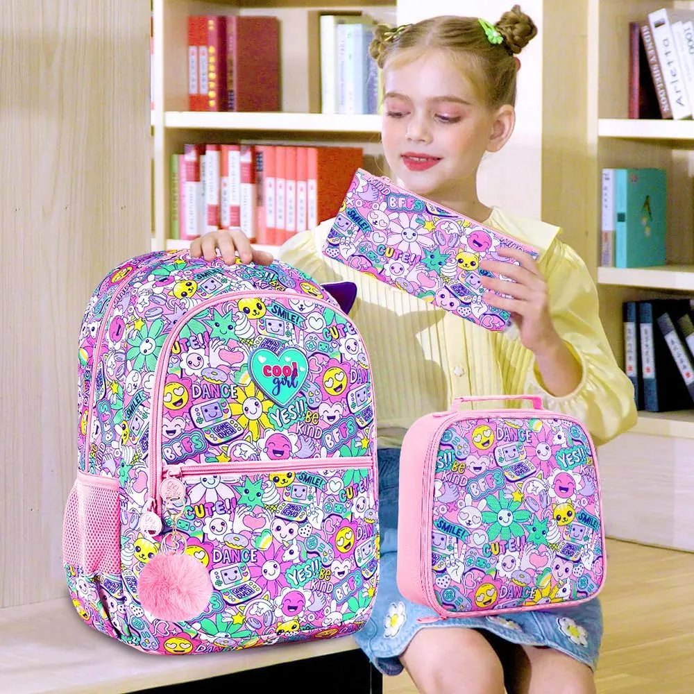 3Pcs Backpack for Girls, 16.5" Smile Face Backpacks Set for Elementary Preschool Kindergarten, Kids School Bookbag with Lunch Box(Emoji)