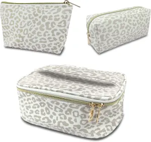 3Pcs Makeup Bag,Travel Makeup Bag,Makeup Bags for Women,Makeup Brush Bag,Large Capacity PU Cosmetic Bag,Waterproof and Durable-Grey White Leopard Cheetah Pattern