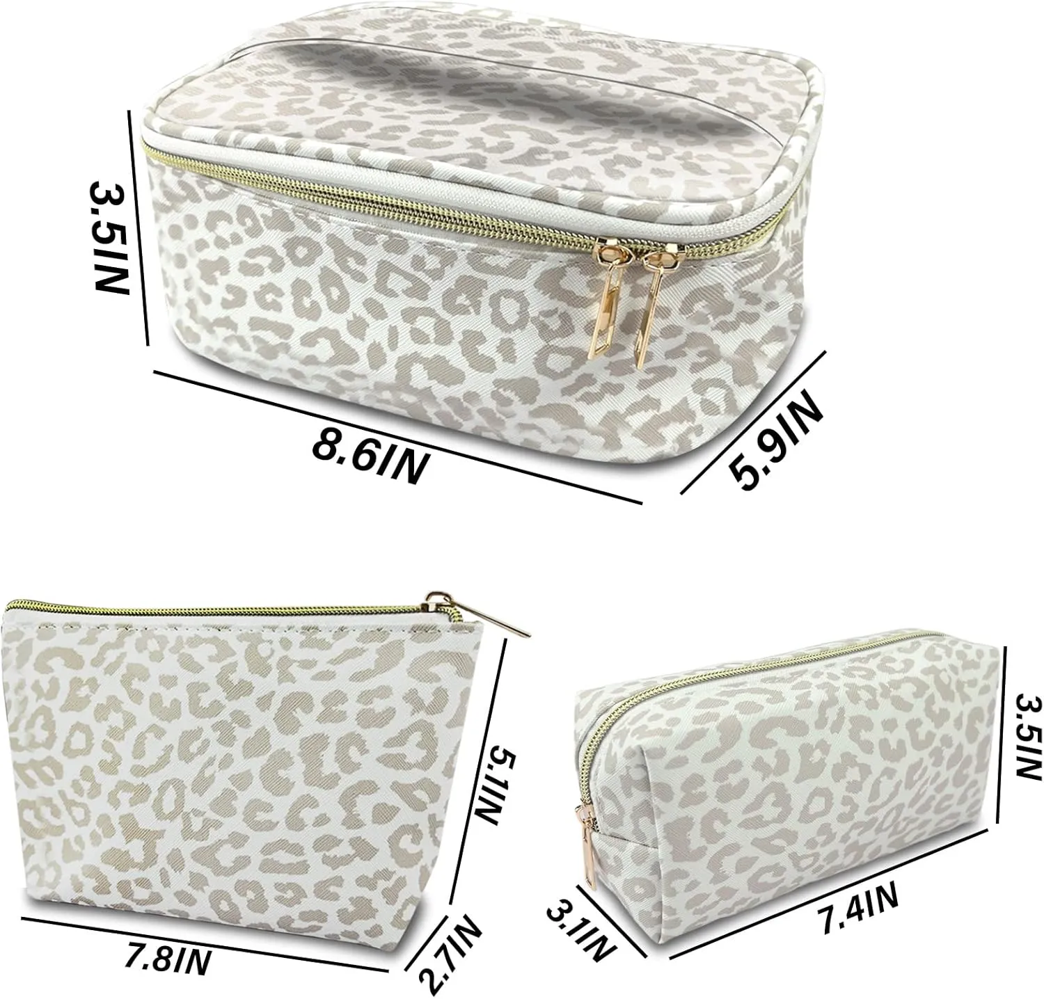 3Pcs Makeup Bag,Travel Makeup Bag,Makeup Bags for Women,Makeup Brush Bag,Large Capacity PU Cosmetic Bag,Waterproof and Durable-Grey White Leopard Cheetah Pattern