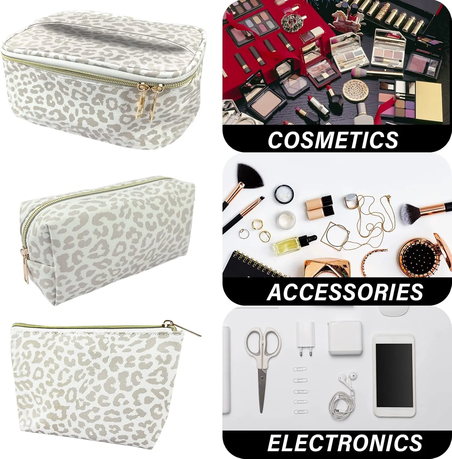 3Pcs Makeup Bag,Travel Makeup Bag,Makeup Bags for Women,Makeup Brush Bag,Large Capacity PU Cosmetic Bag,Waterproof and Durable-Grey White Leopard Cheetah Pattern