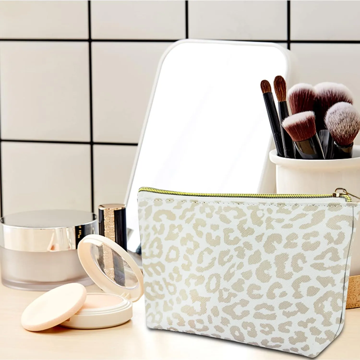 3Pcs Makeup Bag,Travel Makeup Bag,Makeup Bags for Women,Makeup Brush Bag,Large Capacity PU Cosmetic Bag,Waterproof and Durable-Grey White Leopard Cheetah Pattern
