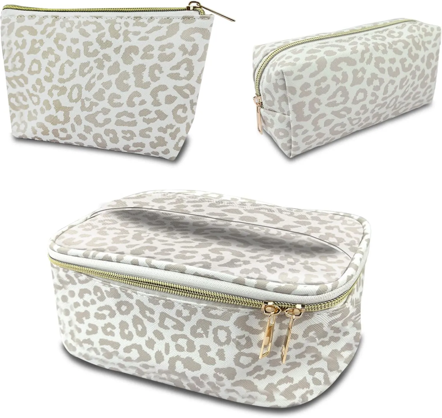 3Pcs Makeup Bag,Travel Makeup Bag,Makeup Bags for Women,Makeup Brush Bag,Large Capacity PU Cosmetic Bag,Waterproof and Durable-Grey White Leopard Cheetah Pattern