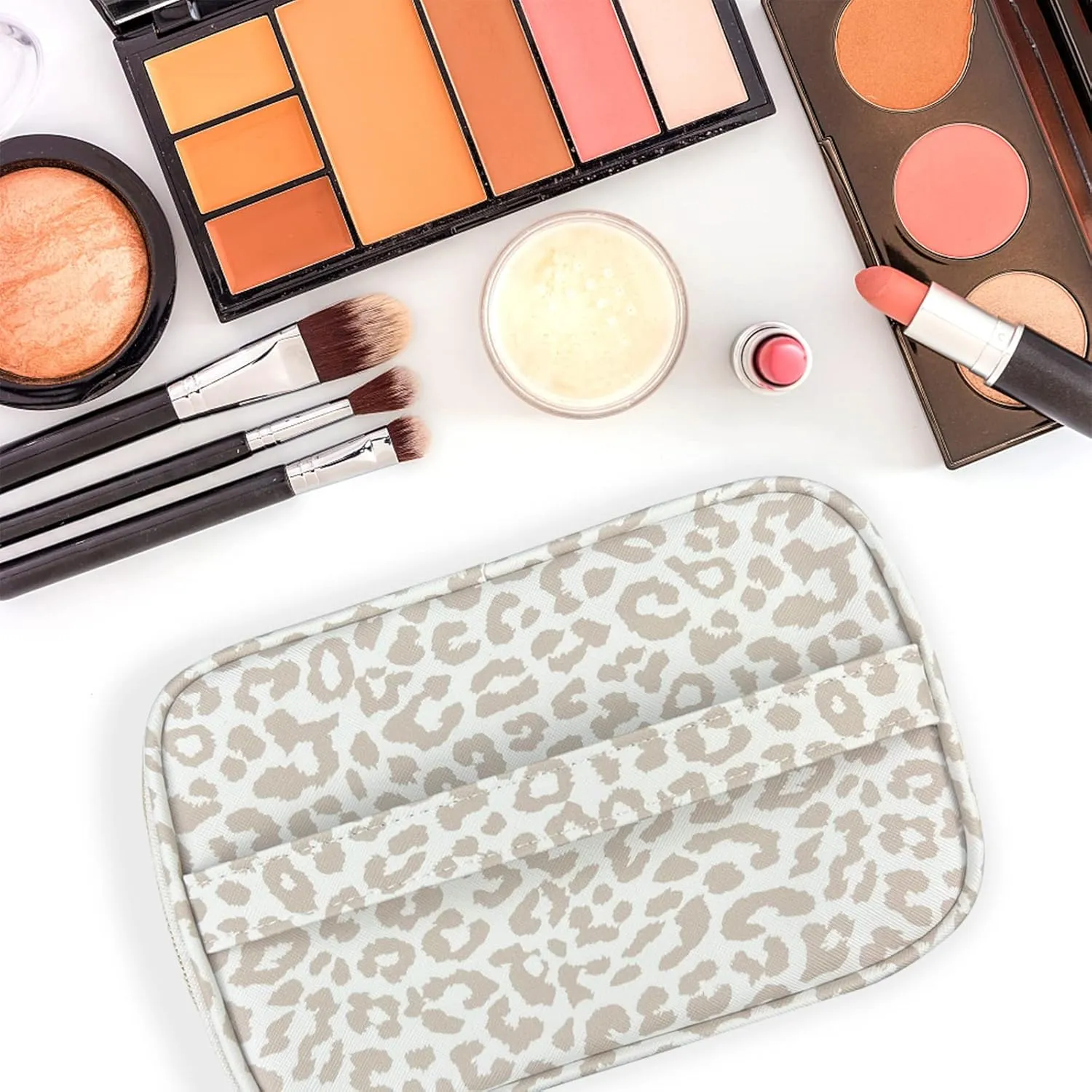3Pcs Makeup Bag,Travel Makeup Bag,Makeup Bags for Women,Makeup Brush Bag,Large Capacity PU Cosmetic Bag,Waterproof and Durable-Grey White Leopard Cheetah Pattern