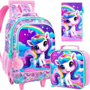 3PCS Rolling Backpack for Girls Boys, Kids Roller Wheeled Bookbag with Lunch Box, Backpacks with Wheels for Elementary