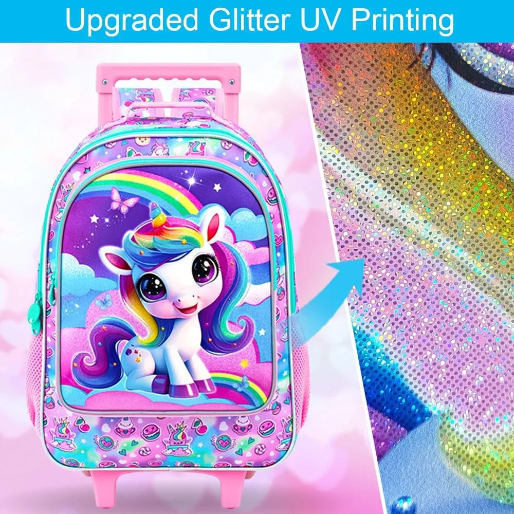 3PCS Rolling Backpack for Girls Boys, Kids Roller Wheeled Bookbag with Lunch Box, Backpacks with Wheels for Elementary