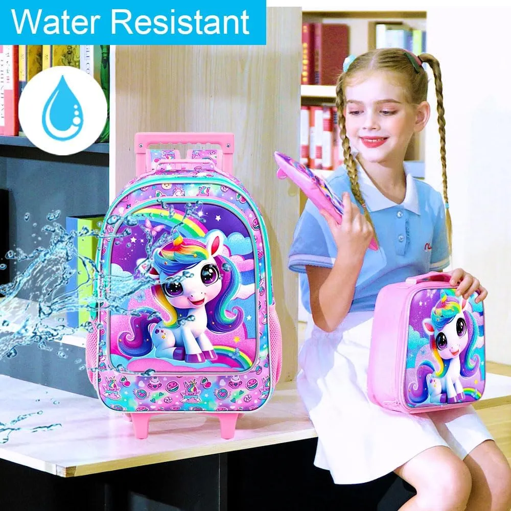 3PCS Rolling Backpack for Girls Boys, Kids Roller Wheeled Bookbag with Lunch Box, Backpacks with Wheels for Elementary