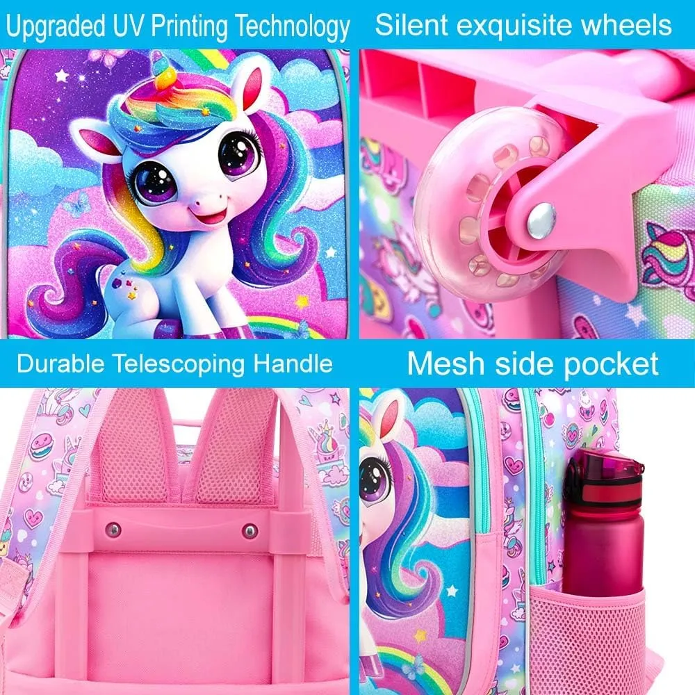 3PCS Rolling Backpack for Girls Boys, Kids Roller Wheeled Bookbag with Lunch Box, Backpacks with Wheels for Elementary
