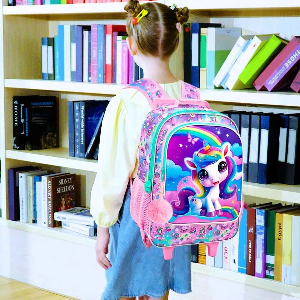 3PCS Rolling Backpack for Girls Boys, Kids Roller Wheeled Bookbag with Lunch Box, Backpacks with Wheels for Elementary